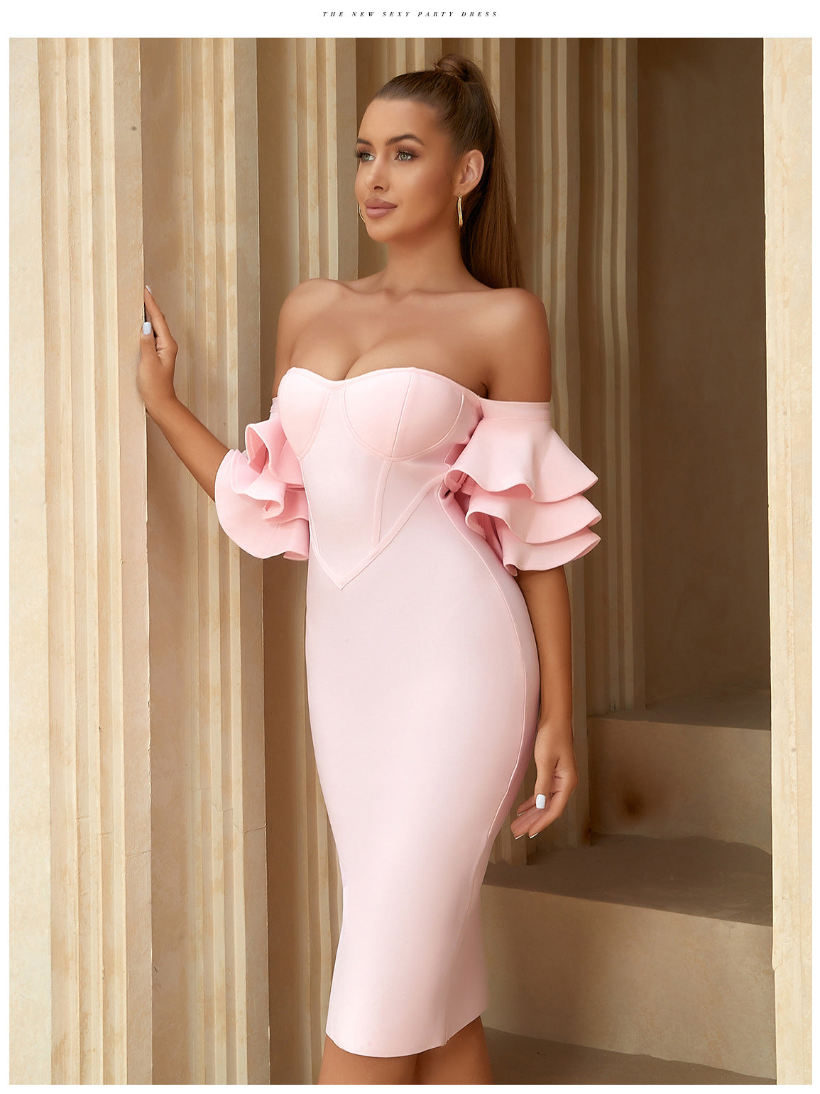 Elegant off shoulder ruffle bodycon dress - View 7 | Clistos