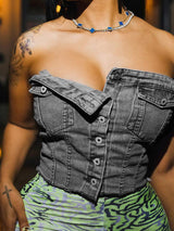 Strapless Button Denim Crop Top - View 9 | Clistos