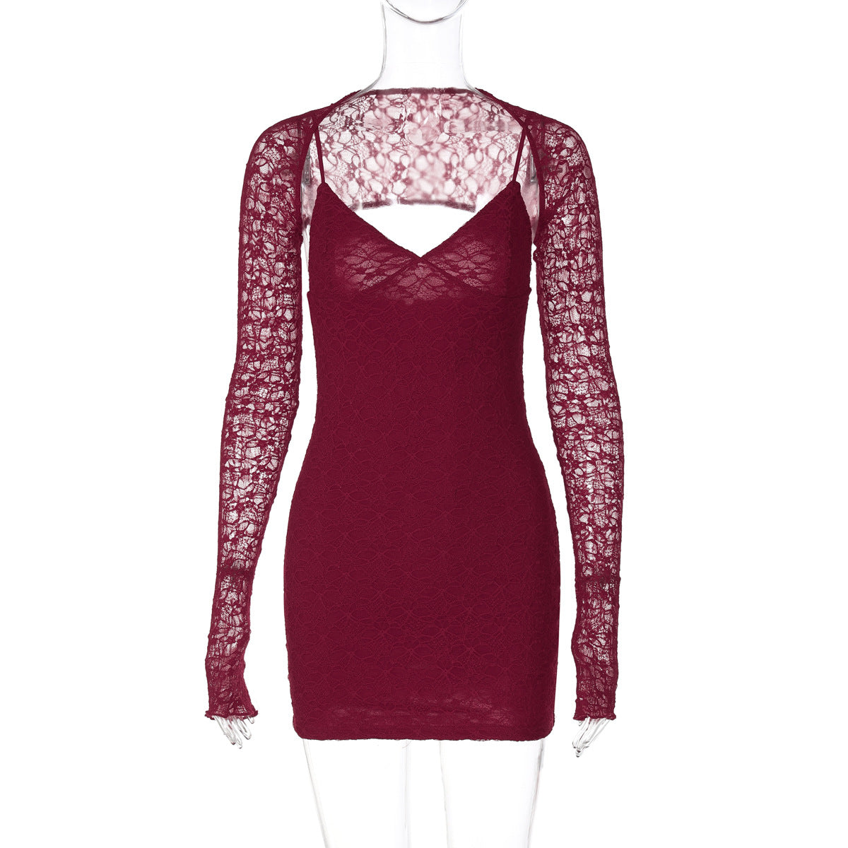 A burgundy lace mini dress with long sleeves on a mannequin