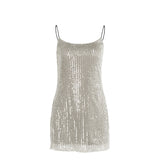 Silver sequined mini dress on a white background
