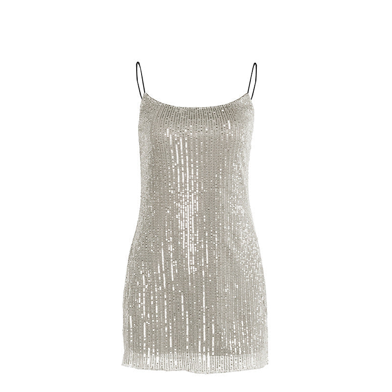 Silver sequined mini dress on a white background