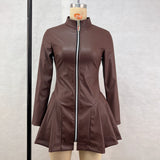 A brown leather-like dress with a pleated skirt and long sleeves, displayed on a mannequin