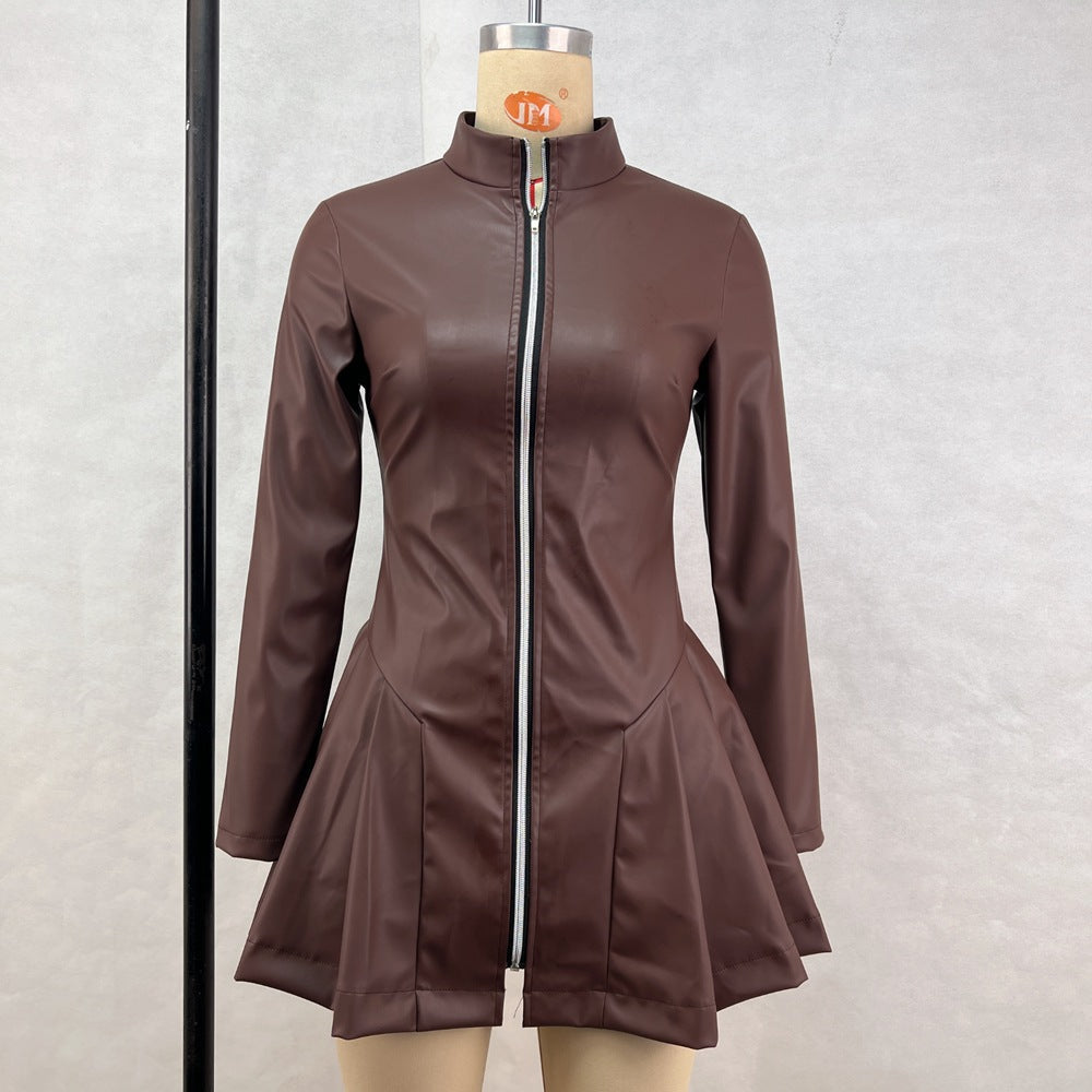 A brown leather-like dress with a pleated skirt and long sleeves, displayed on a mannequin