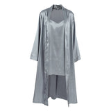 A grey satin robe and cami dress laid out flat.