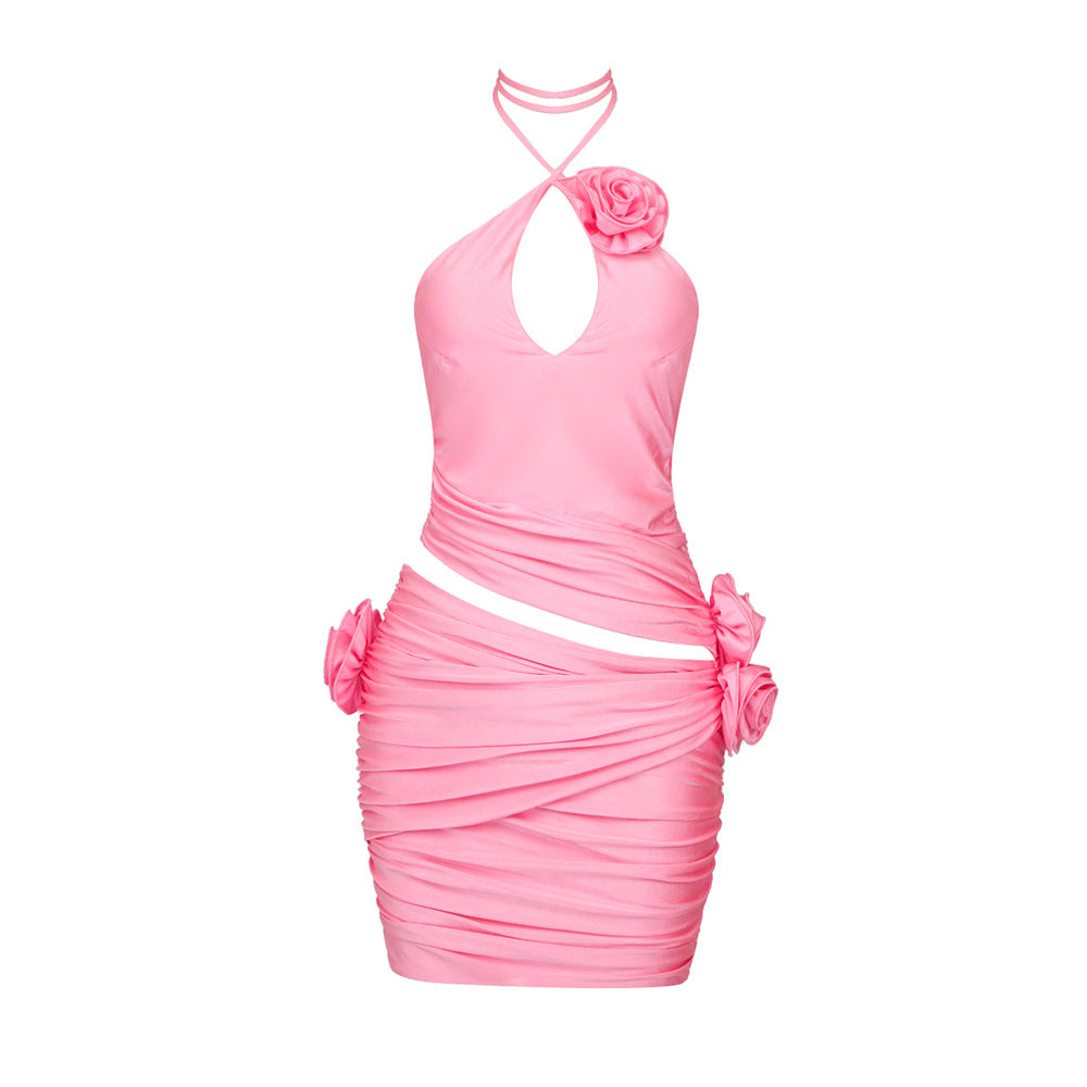 pink halter dress with a keyhole cutout and ruched detailing