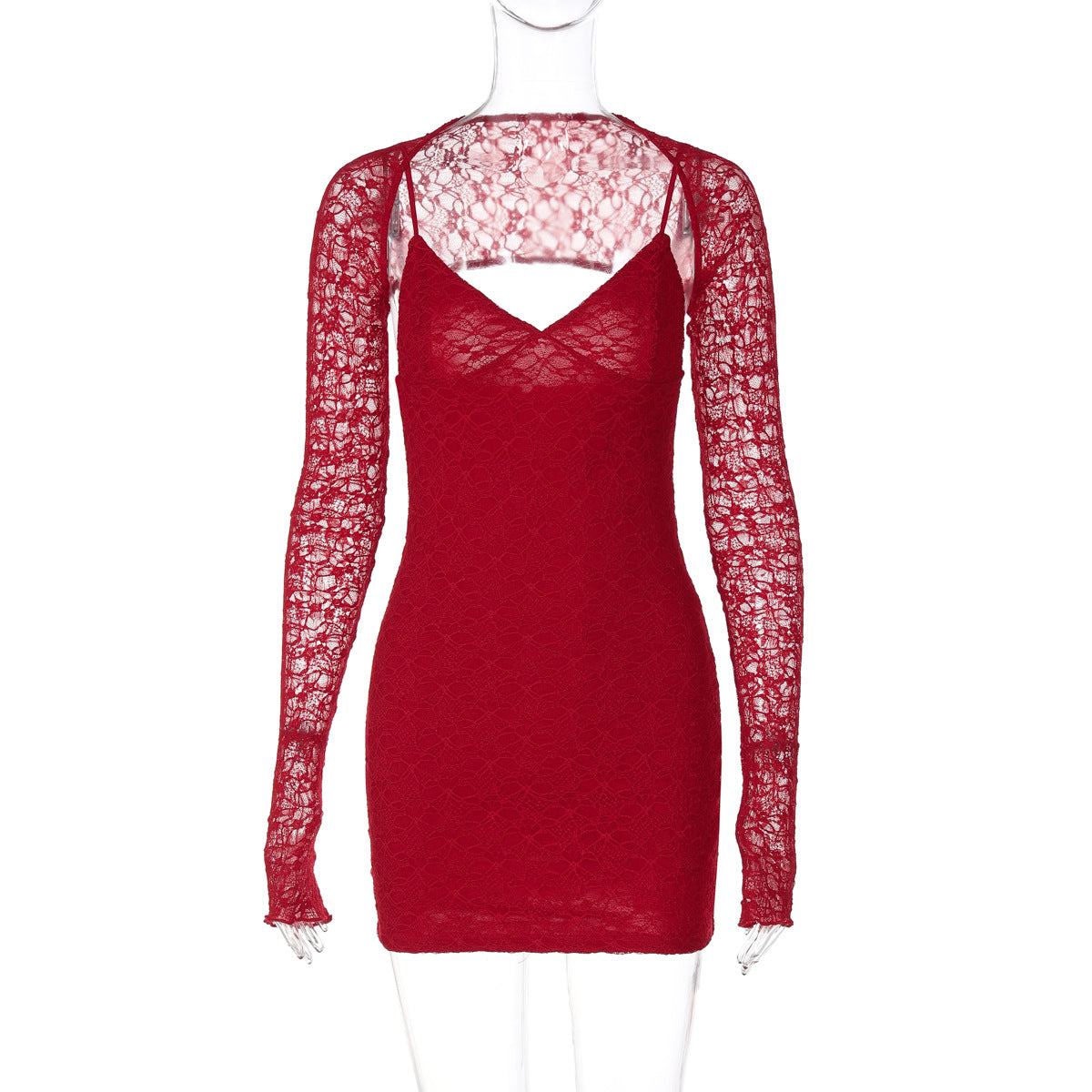 A red lace mini dress with long sleeves on a mannequin
