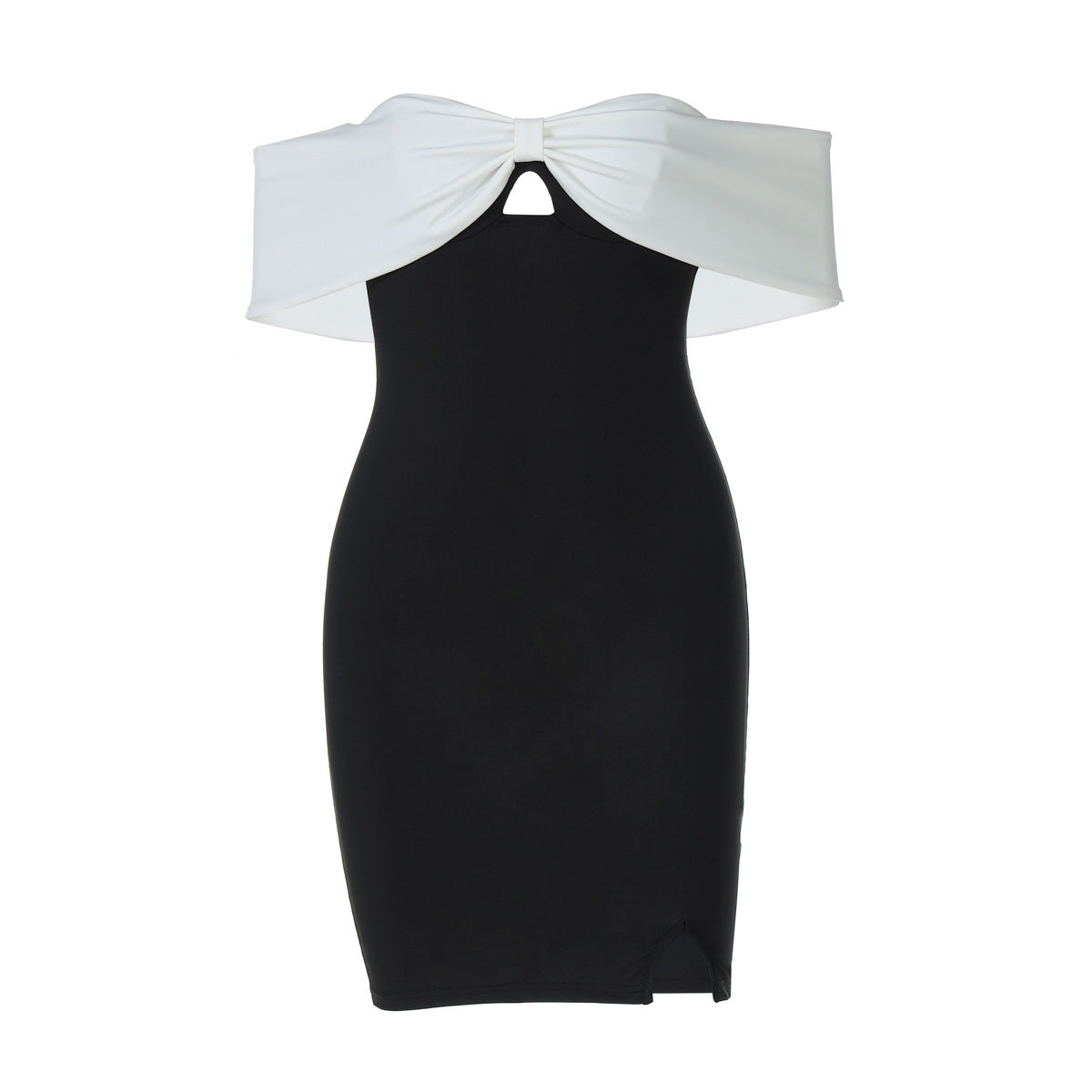 A black and white off-the-shoulder dress with a bow detail and a cut-out, shown flat against a white background.