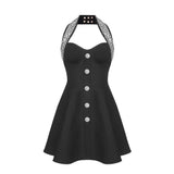 A black halter dress with a jeweled neckline and large button details, displayed on a white background.