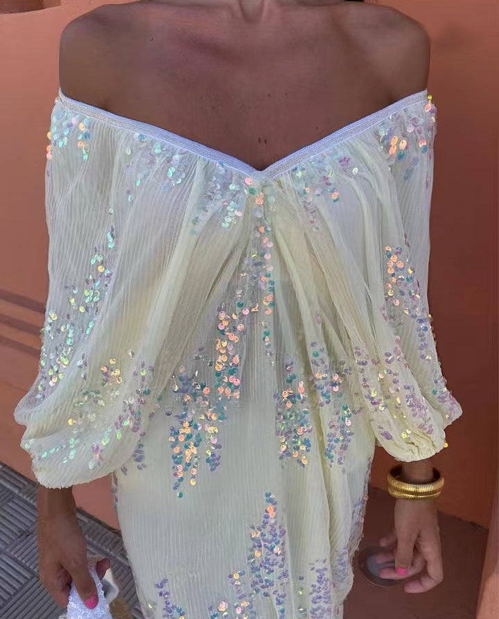 Sequined deep V-neck maxi dress with batwing sleeves - View 6 | Clistos