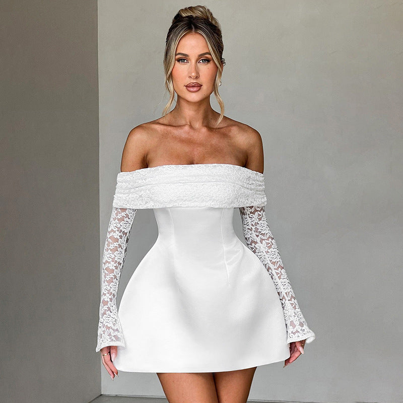 woman in white off-the-shoulder mini dress with lace sleeves