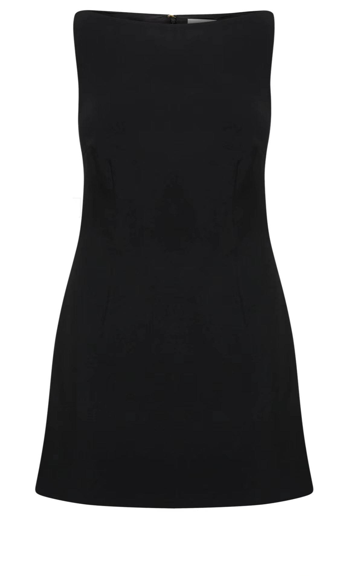 A black sleeveless bodycon mini dress on a white background