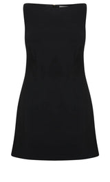 A black sleeveless bodycon mini dress on a white background