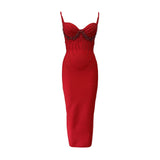 red midi dress with beaded embellishment and spaghetti straps