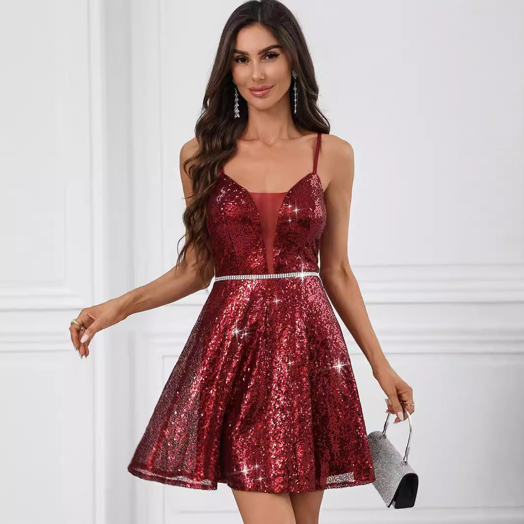woman in red sequin dress with v-neck and thin straps