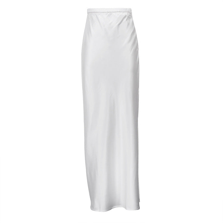 A white satin maxi skirt on a white background.