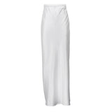A white satin maxi skirt on a white background.
