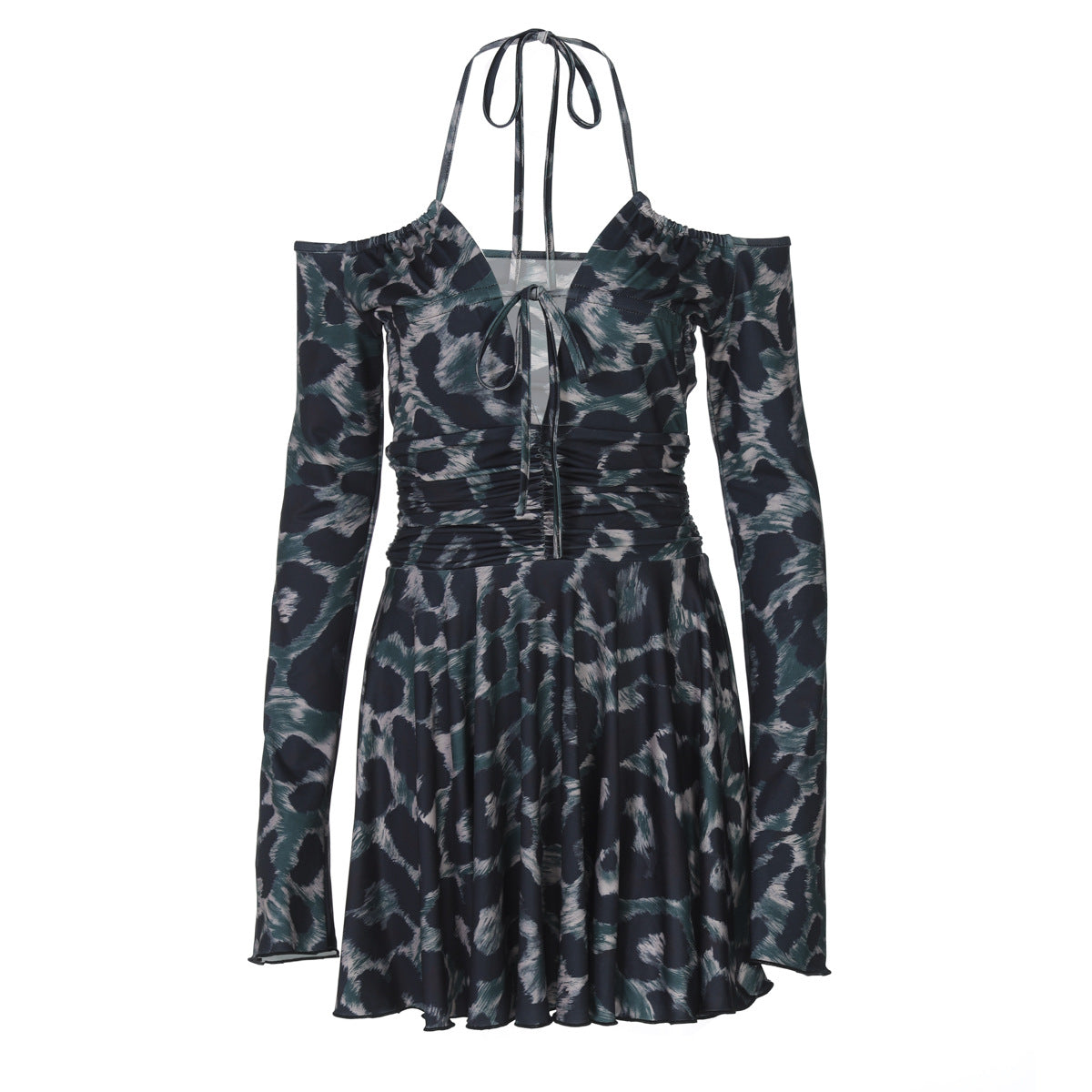 short dress with a camouflage print and long sleeves