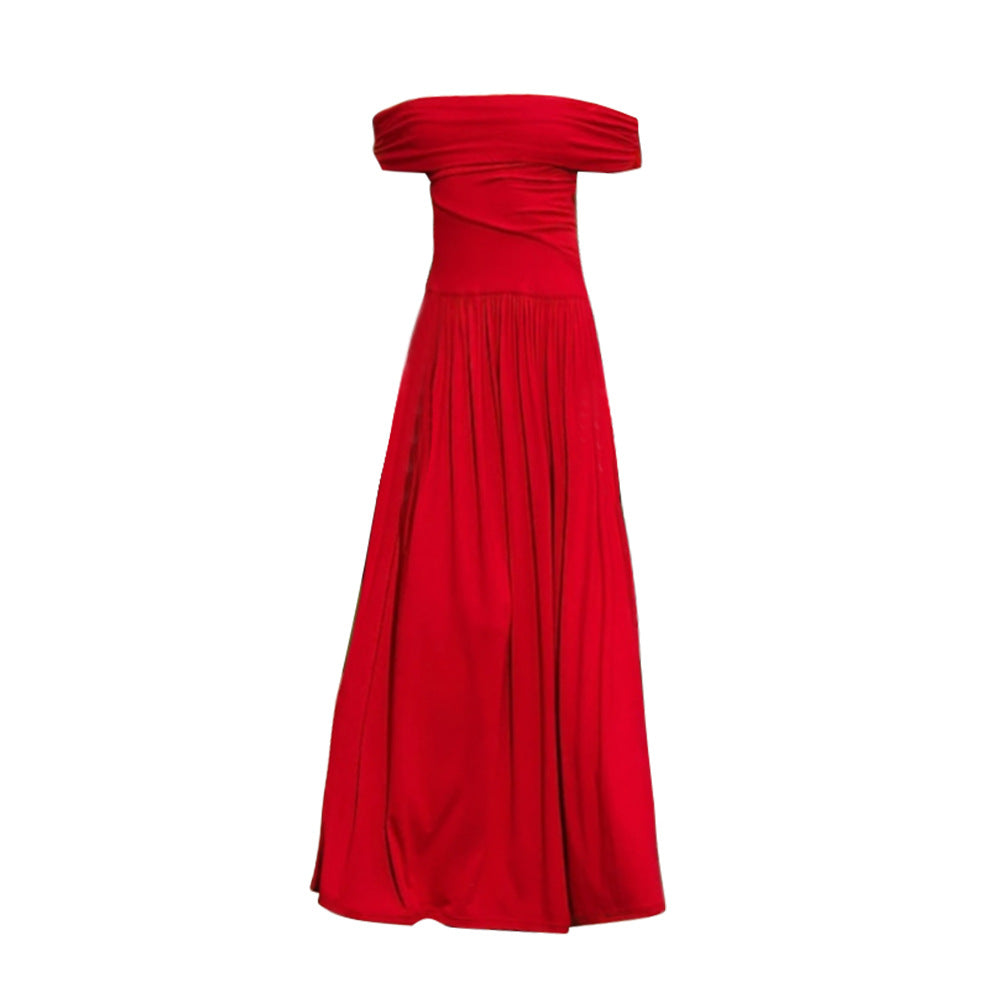 Red off-the-shoulder maxi dress on a white background