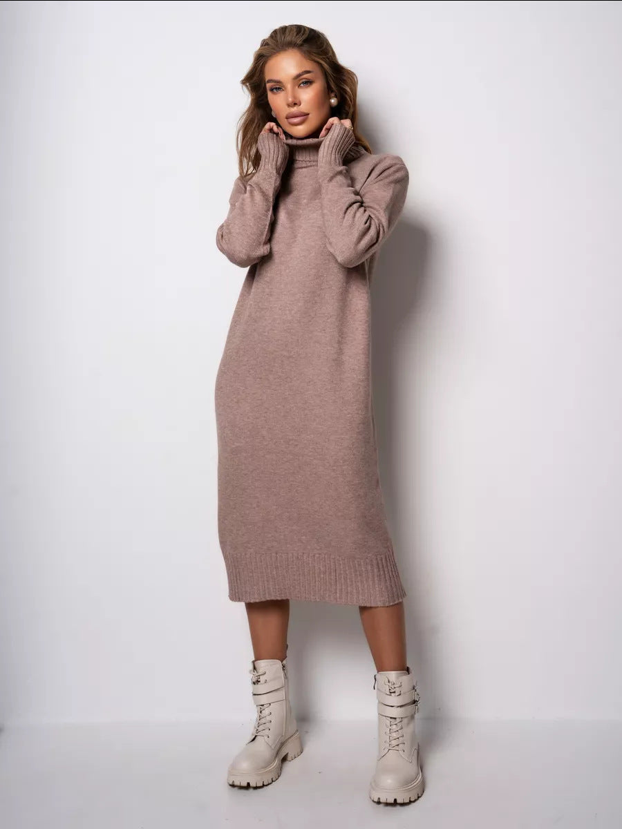 woman wearing a taupe turtleneck knit midi dress with white boots