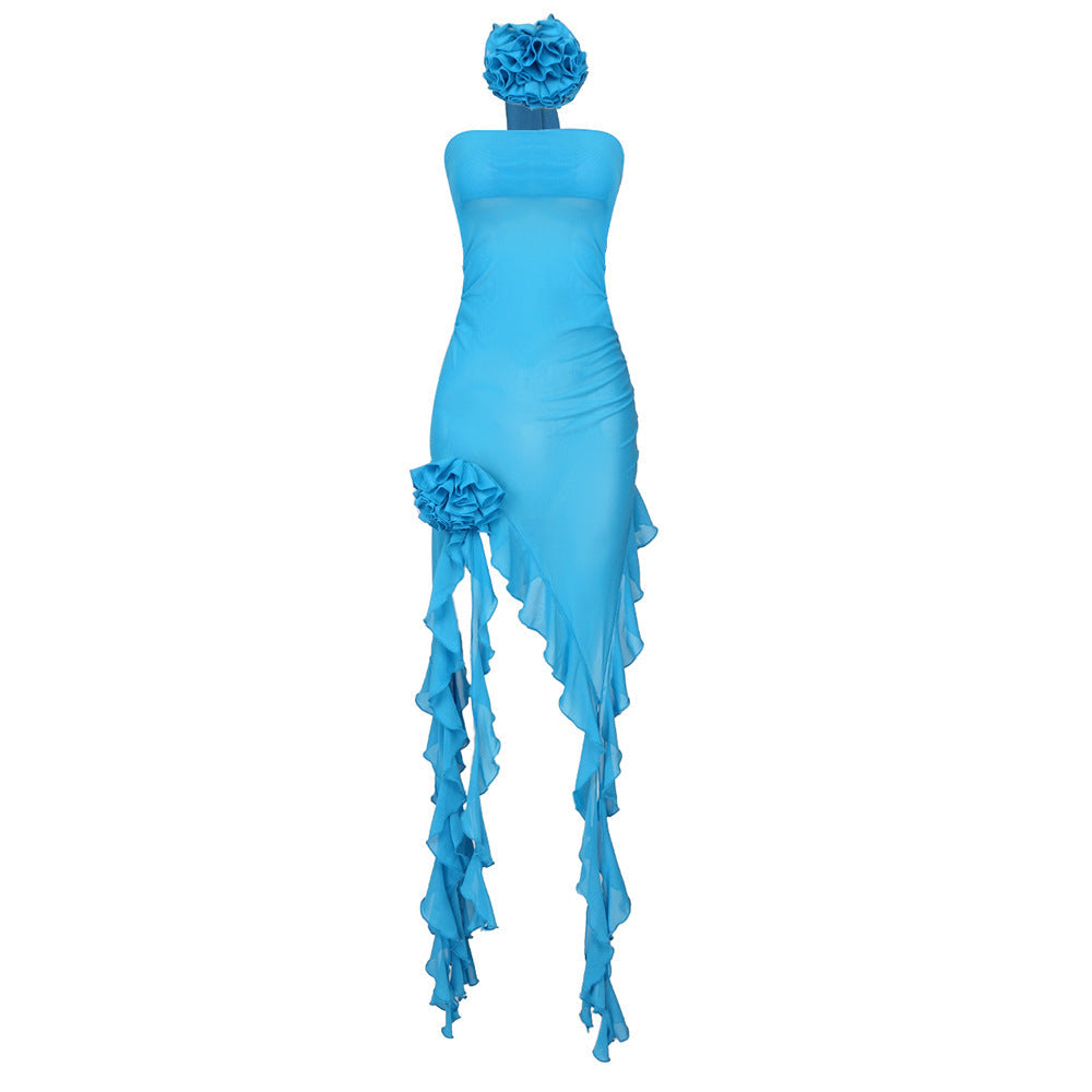 Strapless floral ruffle asymmetrical dress - View 6 | Clistos
