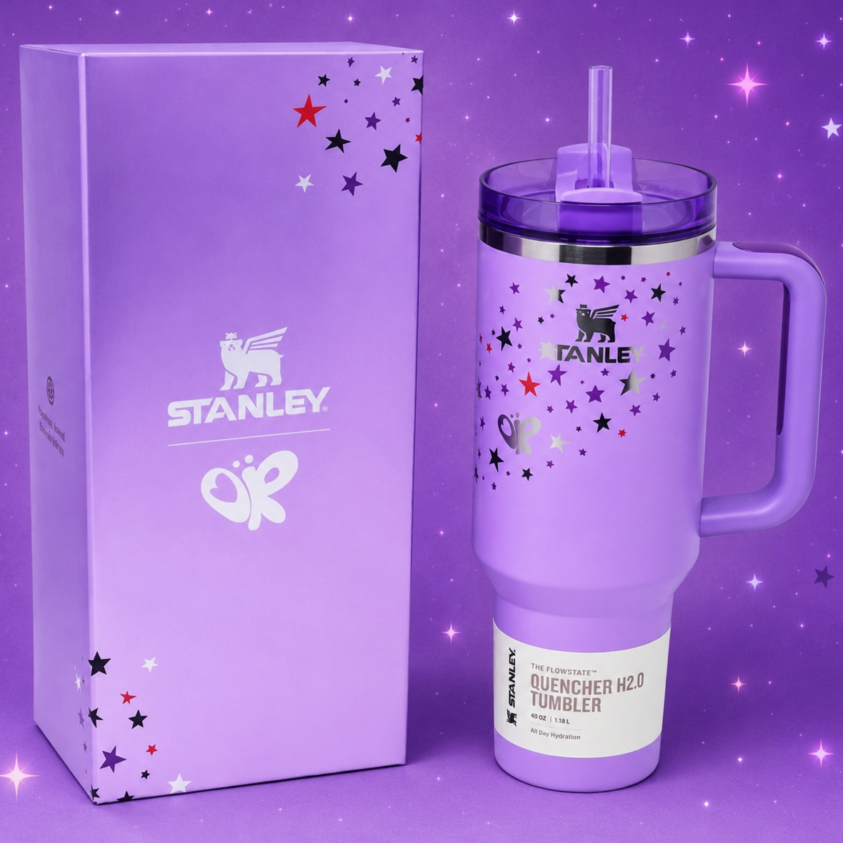 Stanley 40 oz Star Glow Tumbler in lavender purple with star confetti graphics and matching purple gift box - View 1 | Clistos