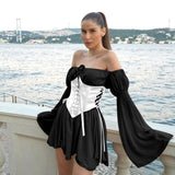 Clistos Off Shoulder Mesh Dress with Corset Bodice and Bell Sleeves - View 10 | Clistos