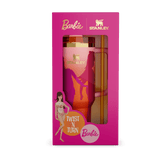 Close-up of the Stanley Barbie Collection 40 oz Quencher Tumbler.