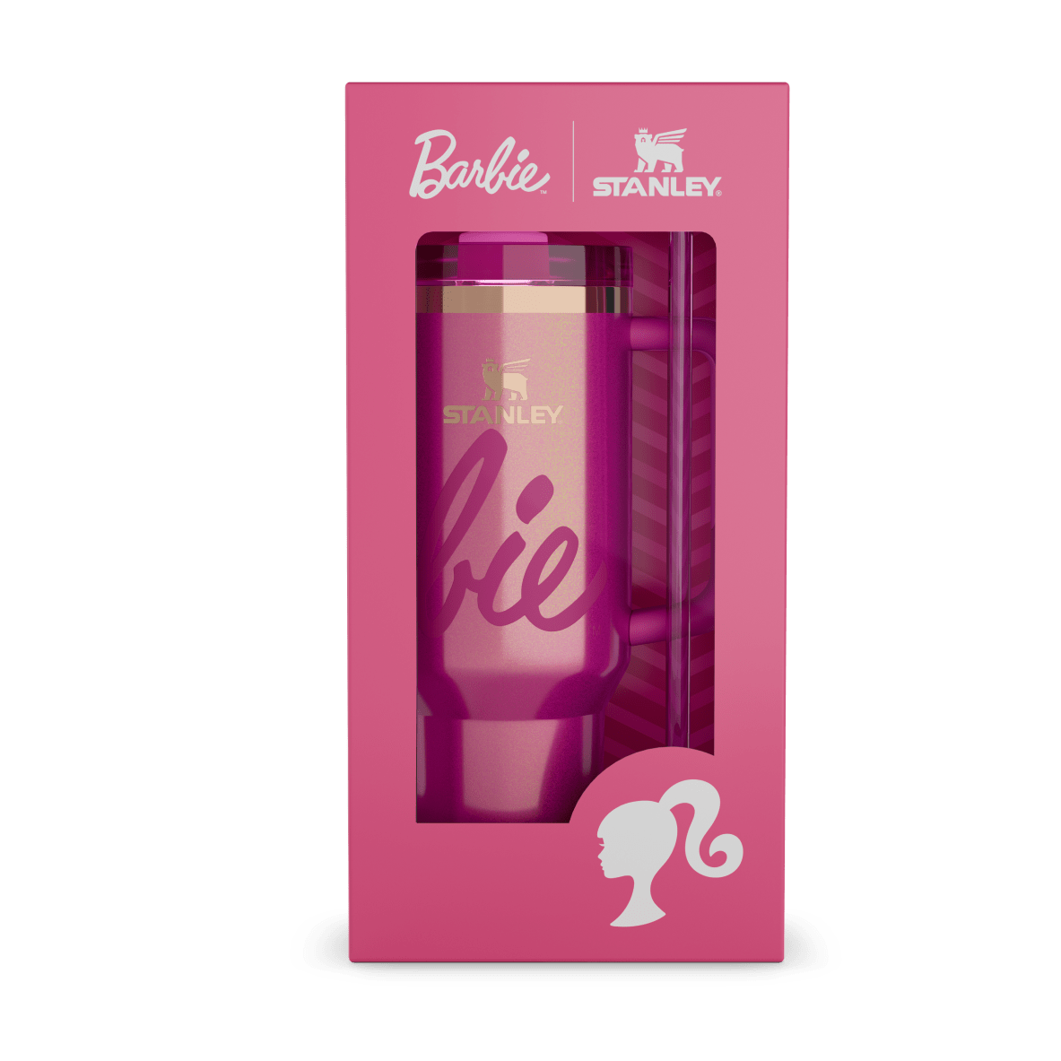 Stanley x Barbie pink metallic tumbler inside its pink Barbie-themed packaging, front view.