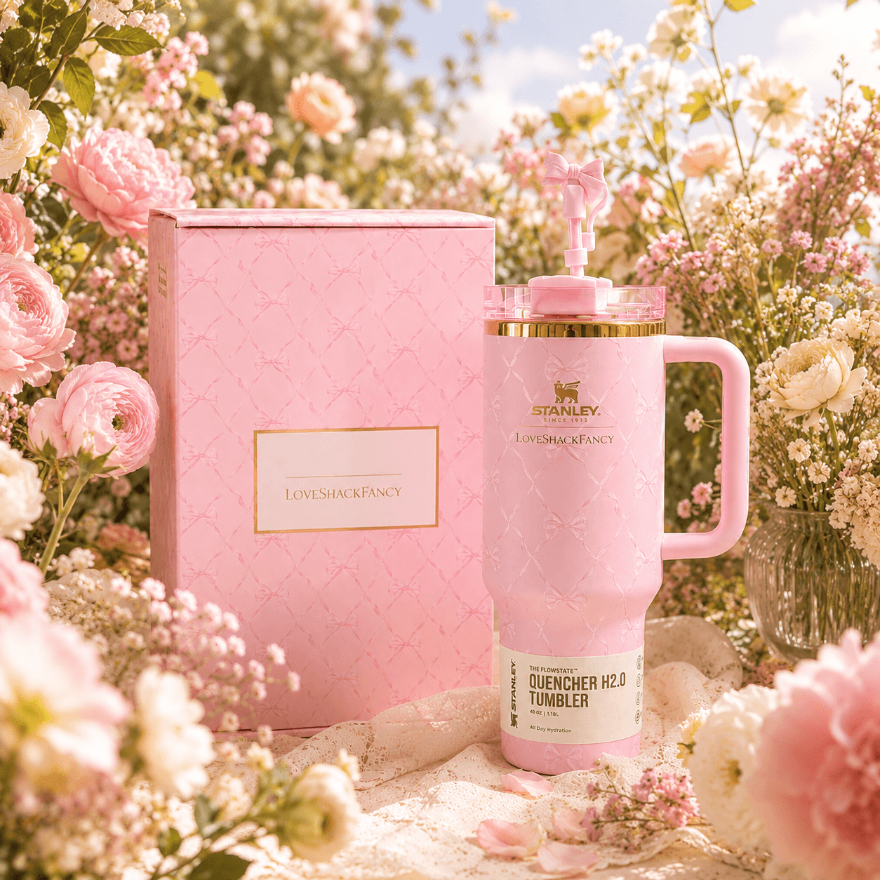 Stanley x LoveShackFancy Pink Bow 40oz Insulated Tumbler Gift Set with matching pink gift box and bow straw topper - View 7 | Clistos