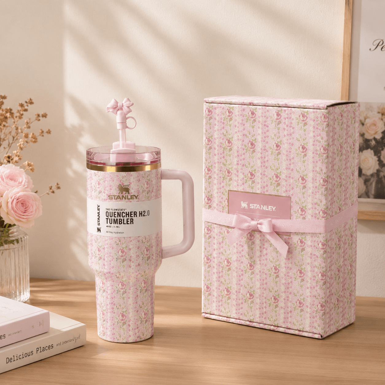 Stanley Blush Lilac Floral 40oz insulated tumbler with matching pastel gift box and bow straw topper - View 2 | Clistos