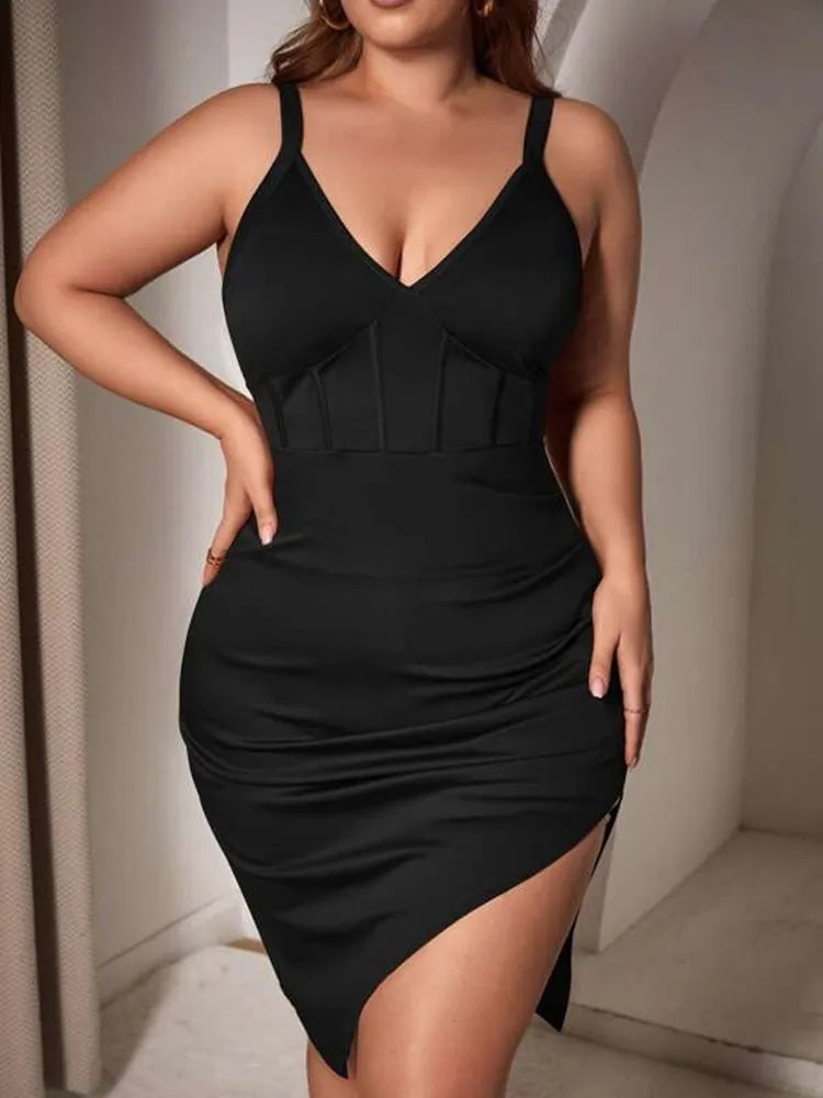 Close-up of a plus-size woman in a black V-neck, spaghetti strap dress with a corset detail and an asymmetrical hem with a thigh slit.