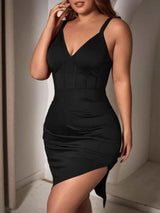 Clistos Black Asymmetrical Hem Bodycon Mini Dress with Thigh Slit - View 6 | Clistos