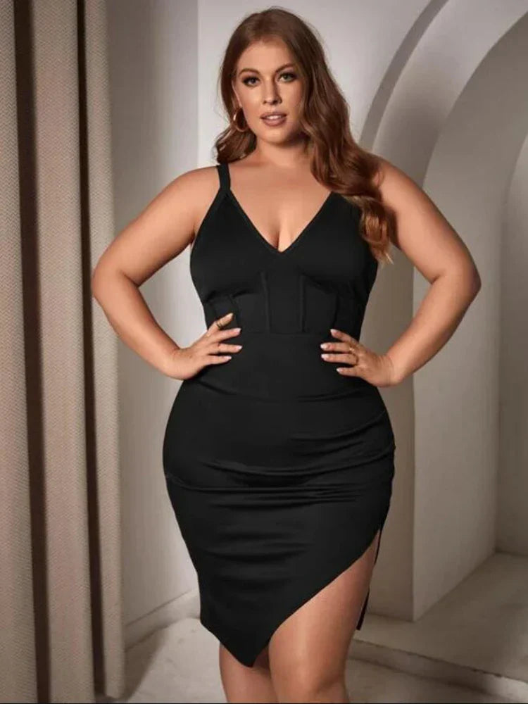 Clistos Black Asymmetrical Hem Bodycon Mini Dress with Thigh Slit - View 8 | Clistos