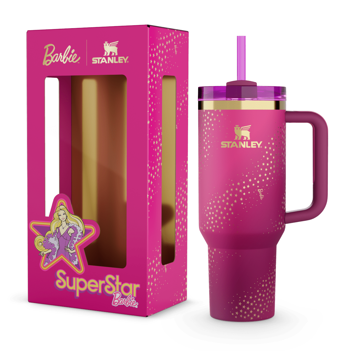 Pink Barbie-themed Stanley tumbler and its packaging, showcasing Superstar Barbie.