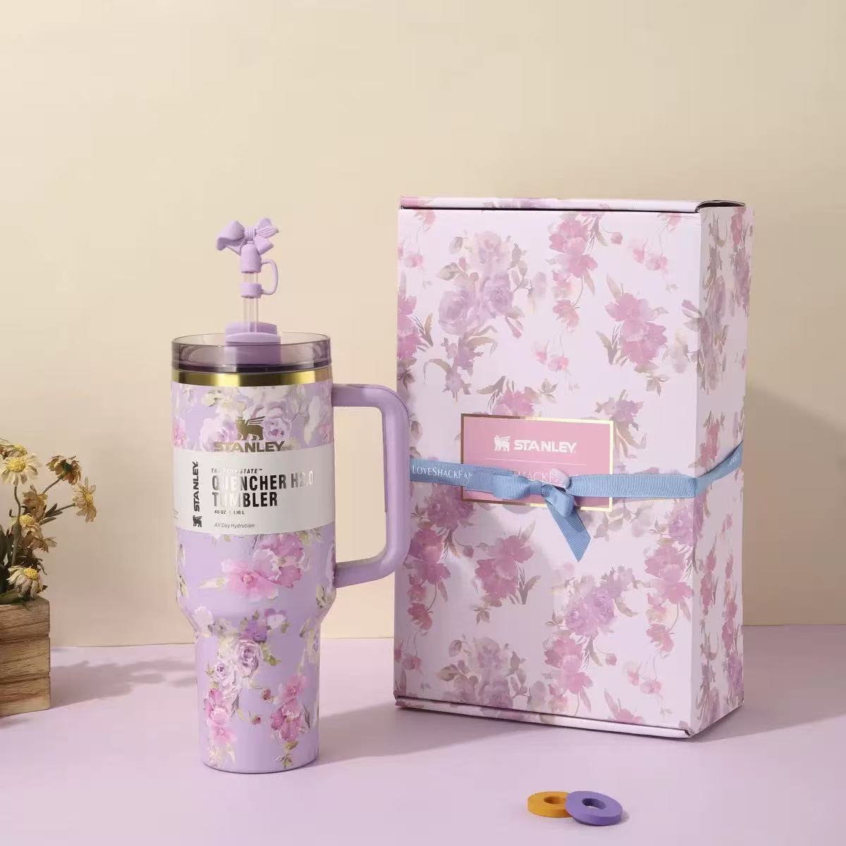 Stanley Lavender Bloom 40oz insulated tumbler with floral pattern and matching gift box - View 4 | Clistos