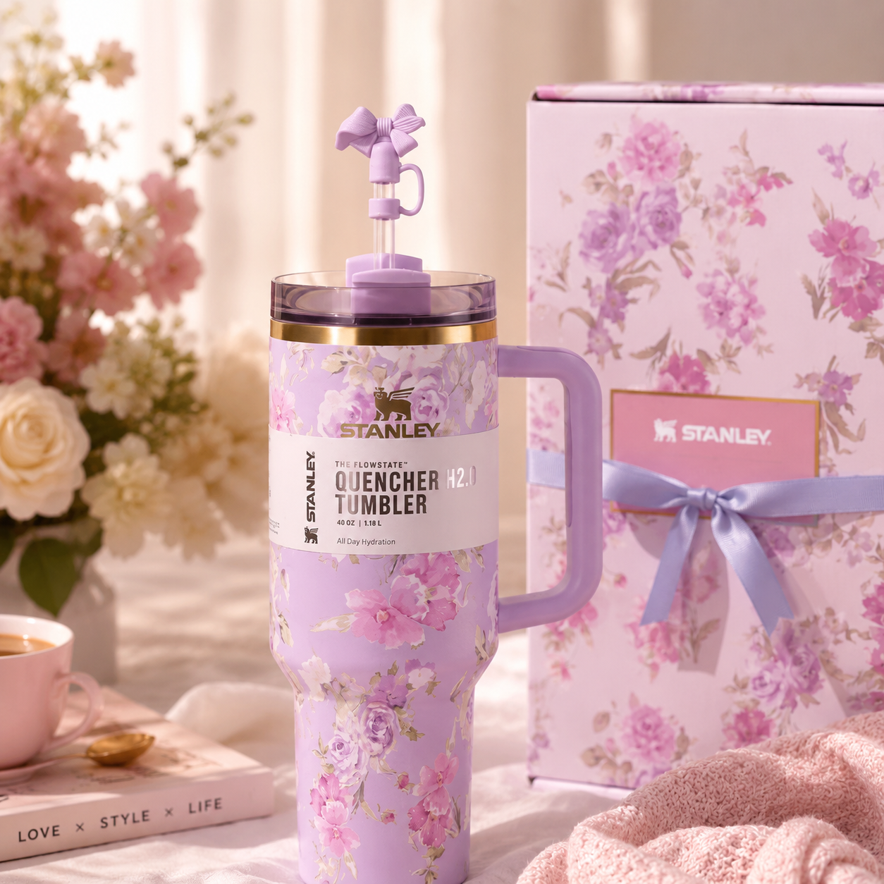 Stanley Lavender Bloom 40oz insulated tumbler with floral pattern and matching gift box - View 3 | Clistos