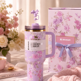 Stanley Lavender Bloom 40oz insulated tumbler with floral pattern and matching gift box - View 3 | Clistos