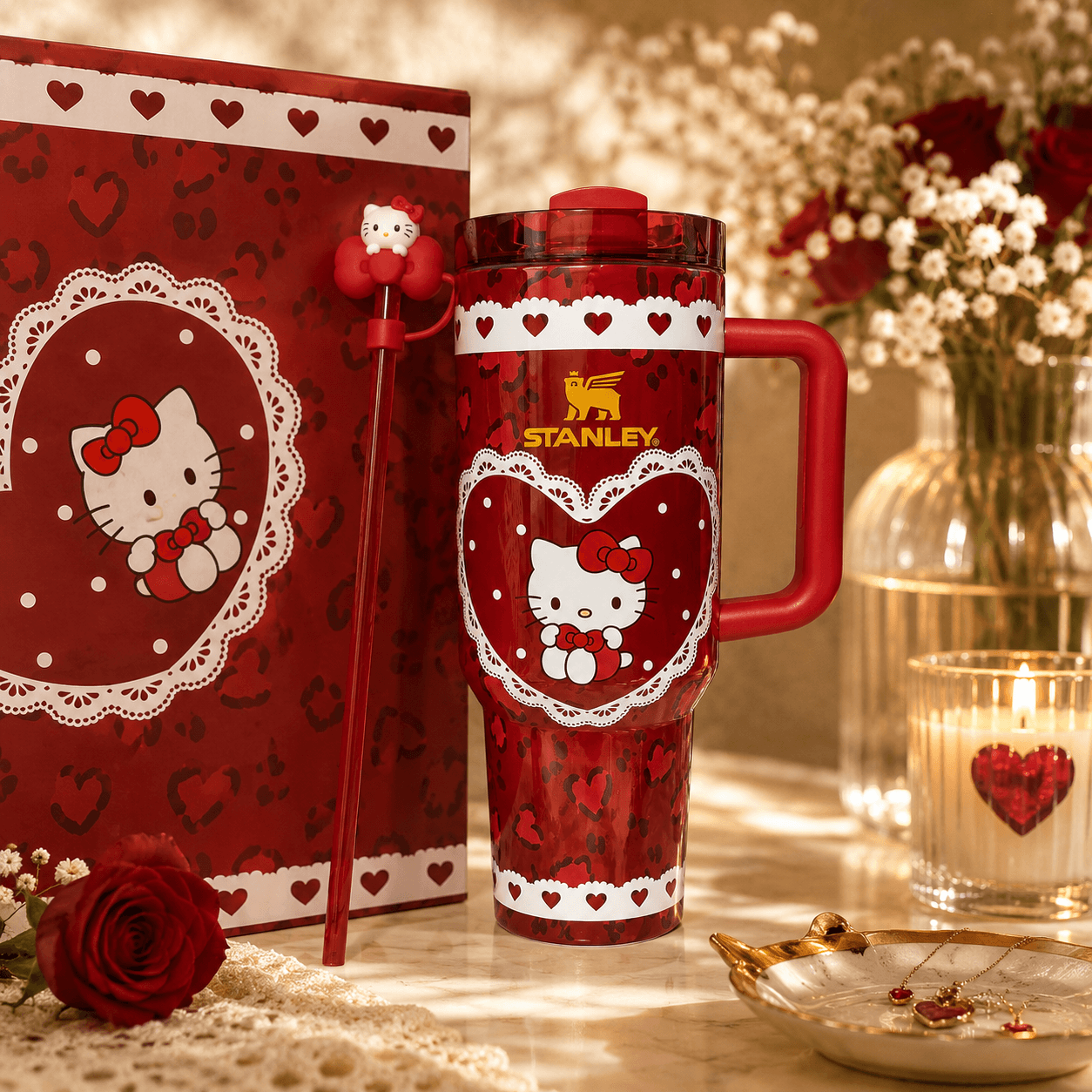 Stanley Sweetheart Tumbler 40oz Hello Kitty inspired pink leopard print with matching gift box - View 2 | Clistos
