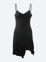 black mini dress with spaghetti straps and ruffled asymmetrical hem