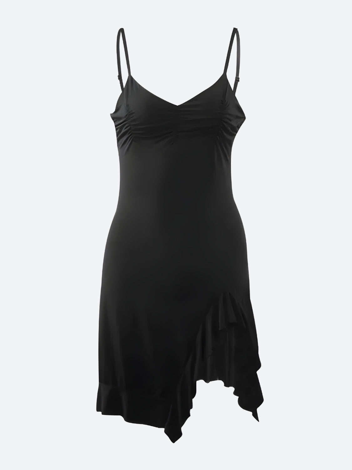 black mini dress with spaghetti straps and ruffled asymmetrical hem