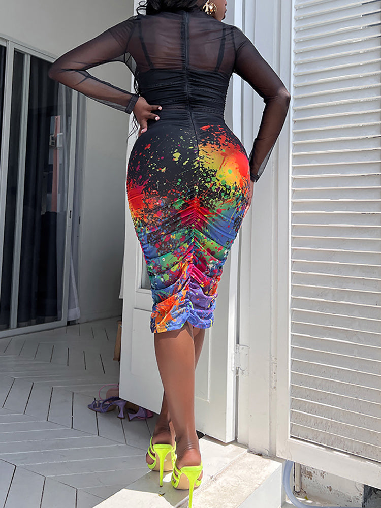 Clistos abstract print mesh bodycon dress set - View 6 | Clistos