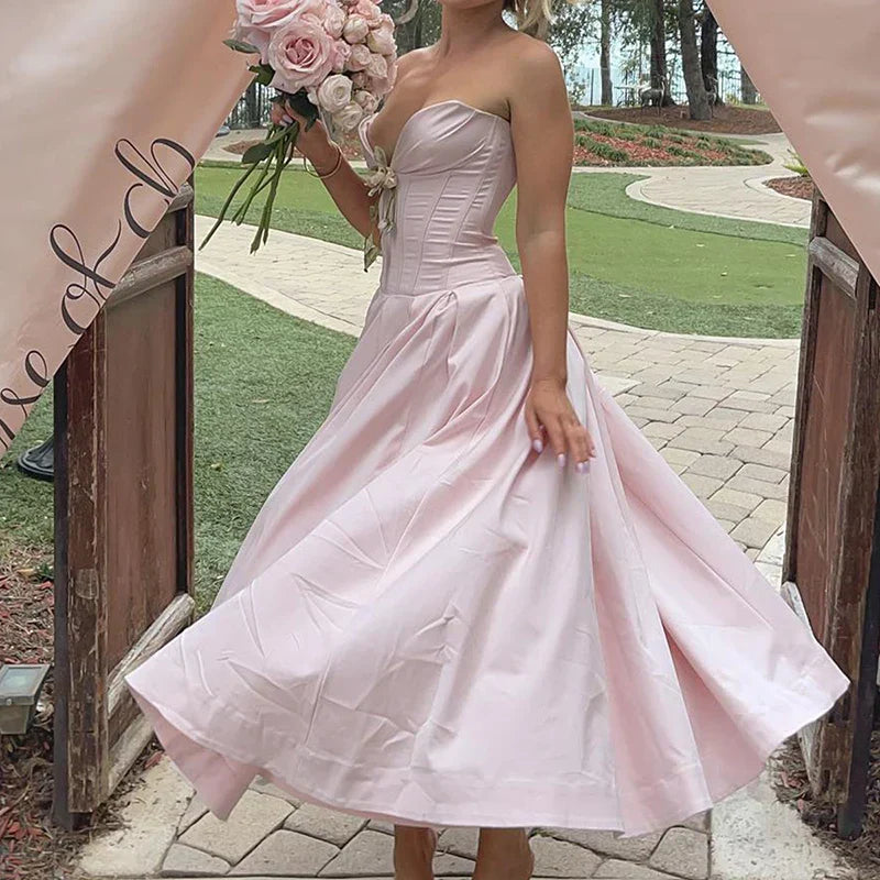 Elegant V-neck satin party gown with sweetheart neckline and corset bodice - View 10 | Clistos