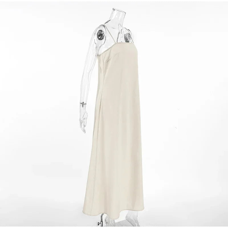 Clistos beige linen-like backless maxi dress with spaghetti straps and square neckline - View 7 | Clistos