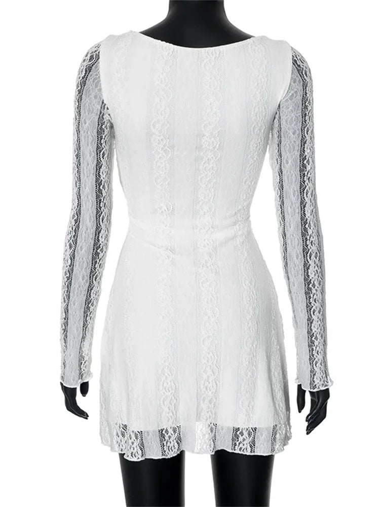 White lace mini dress with ruched waist and long sleeves - View 6 | Clistos
