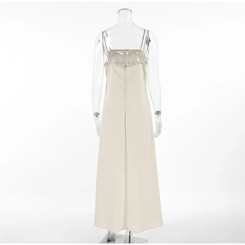Clistos beige linen-like backless maxi dress with spaghetti straps and square neckline - View 8 | Clistos