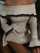 Clistos Ribbed Off-Shoulder Mini Dress with Lace Trim - View 7 | Clistos