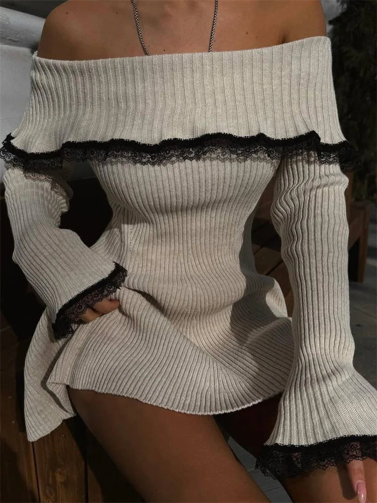 Clistos Ribbed Off-Shoulder Mini Dress with Lace Trim - View 7 | Clistos