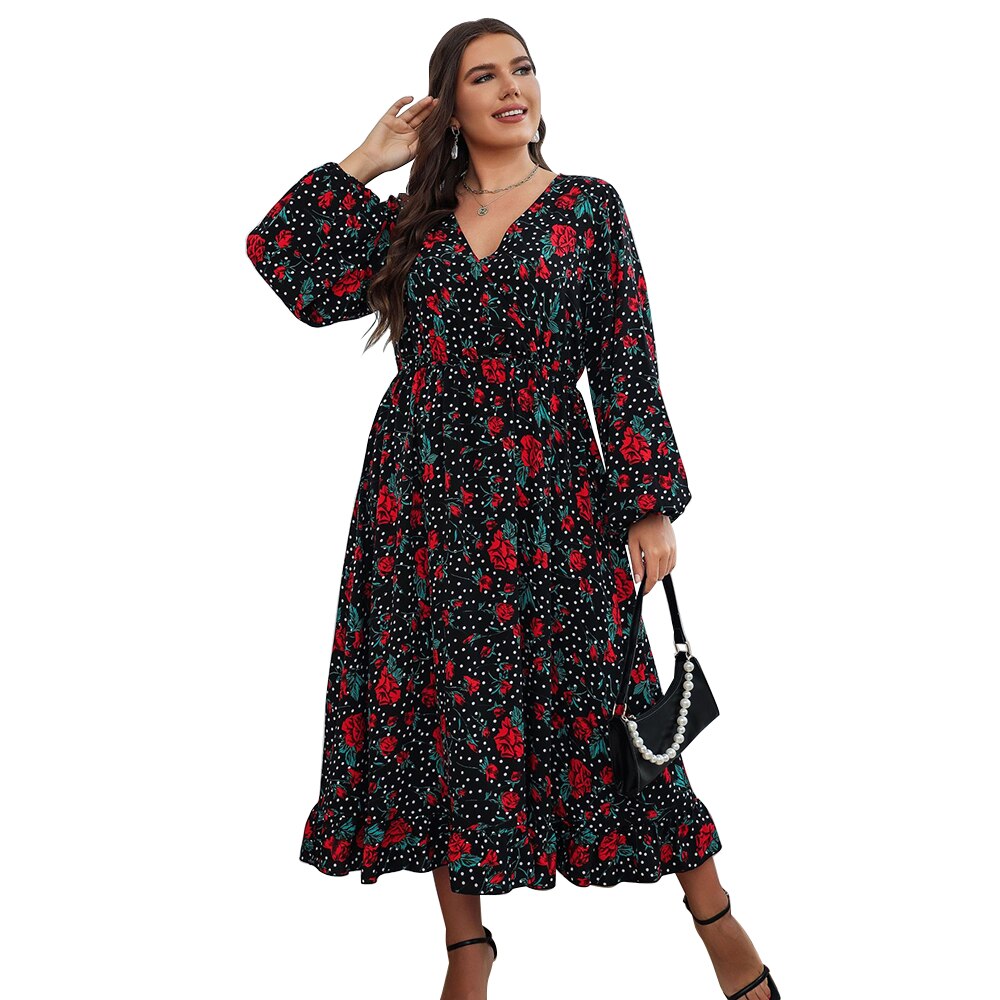 Clistos floral v-neck midi swing dress with bishop sleeves - View 7 | Clistos