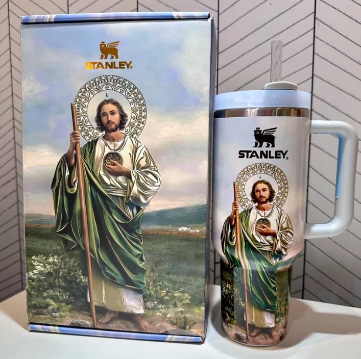 Stanley 40 oz Saint Jude insulated tumbler with ergonomic handle, straw, and matching themed gift box - View 1 | Clistos