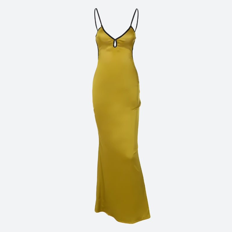 A full-length view of a long, yellow, sleeveless dress with thin black straps and a black trim around the plunging neckline. The dress is on a plain background.